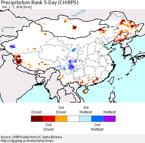 China, Mongolia and Taiwan Precipitation Rank since 1981, 5-Day (CHIRPS) Thematic Map For 12/1/2020 - 12/5/2020
