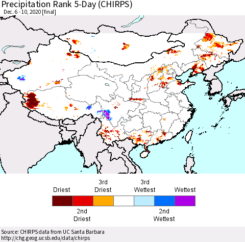China, Mongolia and Taiwan Precipitation Rank since 1981, 5-Day (CHIRPS) Thematic Map For 12/6/2020 - 12/10/2020