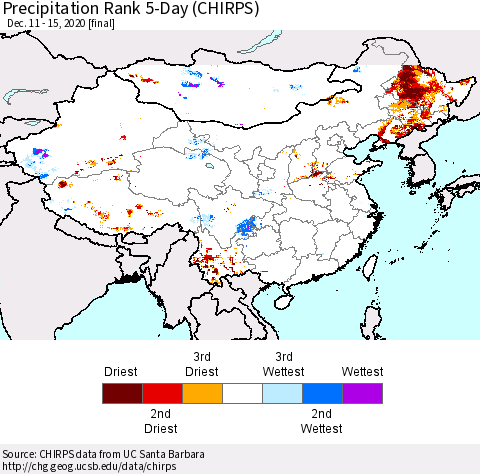 China, Mongolia and Taiwan Precipitation Rank since 1981, 5-Day (CHIRPS) Thematic Map For 12/11/2020 - 12/15/2020