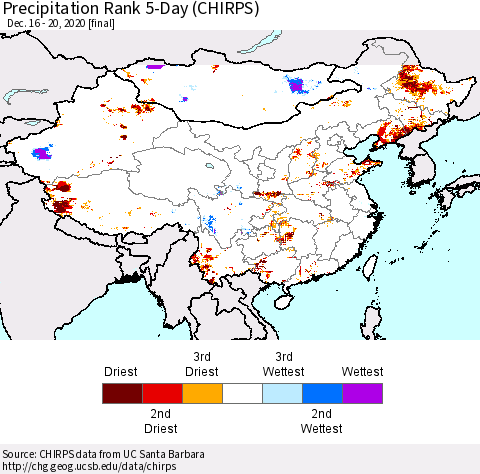 China, Mongolia and Taiwan Precipitation Rank since 1981, 5-Day (CHIRPS) Thematic Map For 12/16/2020 - 12/20/2020