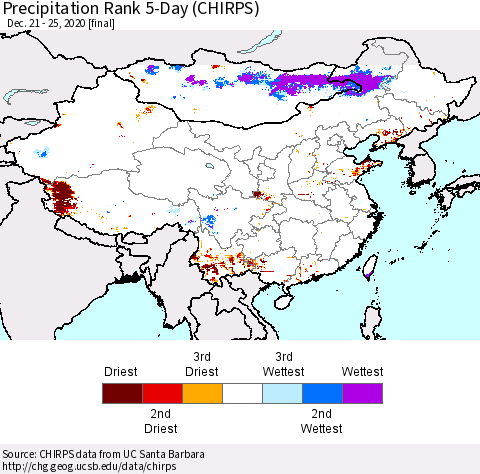 China, Mongolia and Taiwan Precipitation Rank since 1981, 5-Day (CHIRPS) Thematic Map For 12/21/2020 - 12/25/2020
