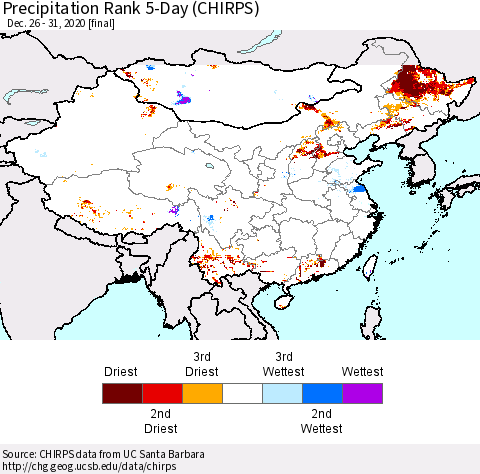 China, Mongolia and Taiwan Precipitation Rank since 1981, 5-Day (CHIRPS) Thematic Map For 12/26/2020 - 12/31/2020