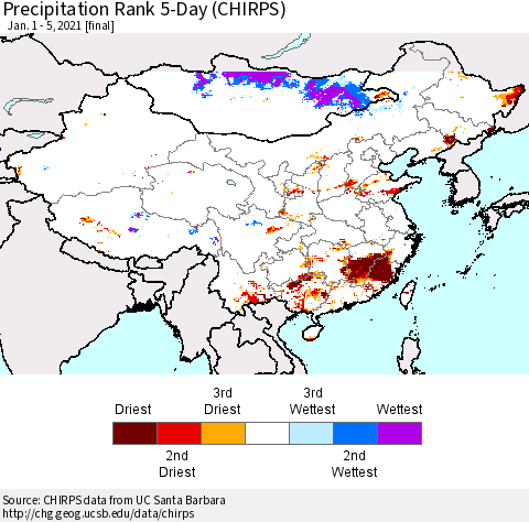 China, Mongolia and Taiwan Precipitation Rank since 1981, 5-Day (CHIRPS) Thematic Map For 1/1/2021 - 1/5/2021