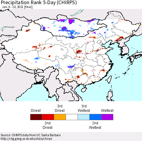 China, Mongolia and Taiwan Precipitation Rank since 1981, 5-Day (CHIRPS) Thematic Map For 1/6/2021 - 1/10/2021