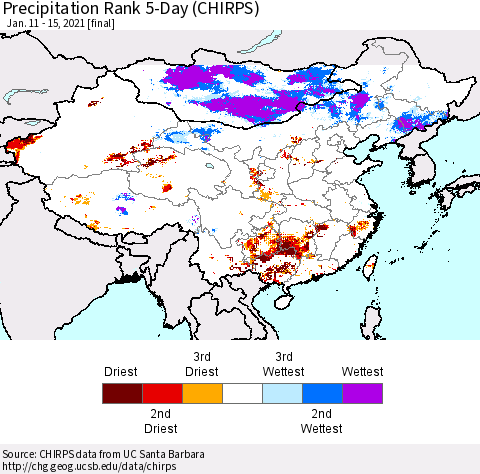 China, Mongolia and Taiwan Precipitation Rank since 1981, 5-Day (CHIRPS) Thematic Map For 1/11/2021 - 1/15/2021