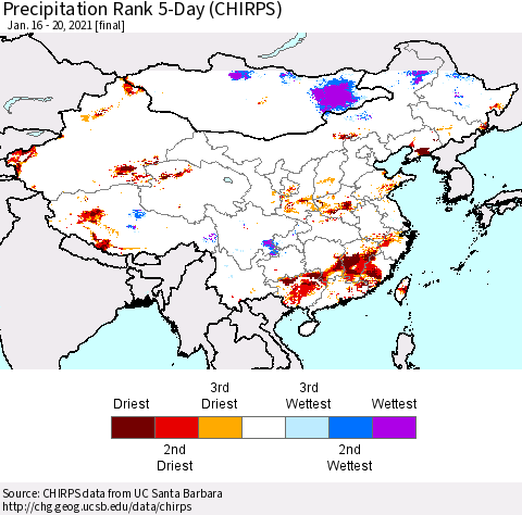 China, Mongolia and Taiwan Precipitation Rank since 1981, 5-Day (CHIRPS) Thematic Map For 1/16/2021 - 1/20/2021