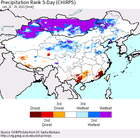 China, Mongolia and Taiwan Precipitation Rank since 1981, 5-Day (CHIRPS) Thematic Map For 1/21/2021 - 1/25/2021
