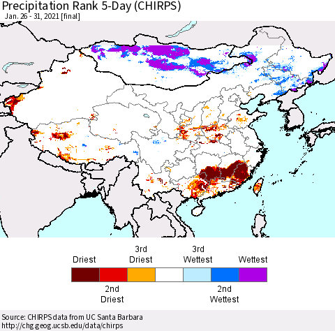 China, Mongolia and Taiwan Precipitation Rank since 1981, 5-Day (CHIRPS) Thematic Map For 1/26/2021 - 1/31/2021