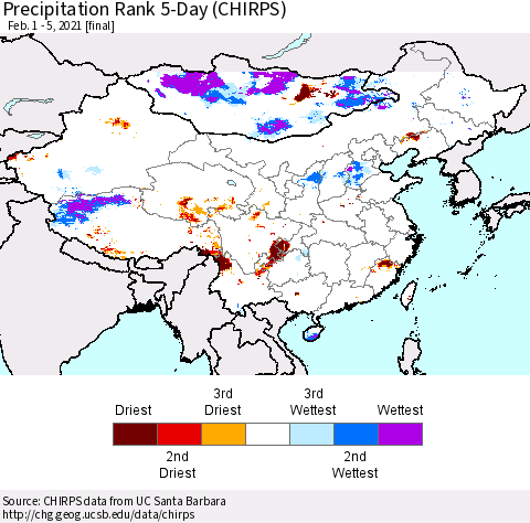 China, Mongolia and Taiwan Precipitation Rank since 1981, 5-Day (CHIRPS) Thematic Map For 2/1/2021 - 2/5/2021