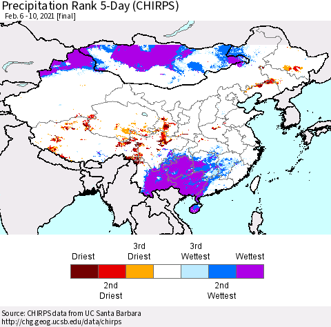 China, Mongolia and Taiwan Precipitation Rank since 1981, 5-Day (CHIRPS) Thematic Map For 2/6/2021 - 2/10/2021