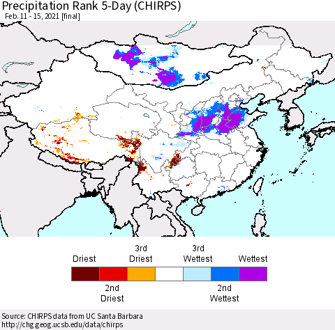 China, Mongolia and Taiwan Precipitation Rank since 1981, 5-Day (CHIRPS) Thematic Map For 2/11/2021 - 2/15/2021