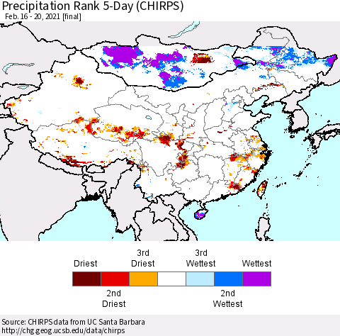 China, Mongolia and Taiwan Precipitation Rank since 1981, 5-Day (CHIRPS) Thematic Map For 2/16/2021 - 2/20/2021