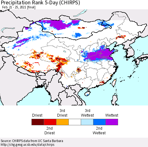 China, Mongolia and Taiwan Precipitation Rank since 1981, 5-Day (CHIRPS) Thematic Map For 2/21/2021 - 2/25/2021