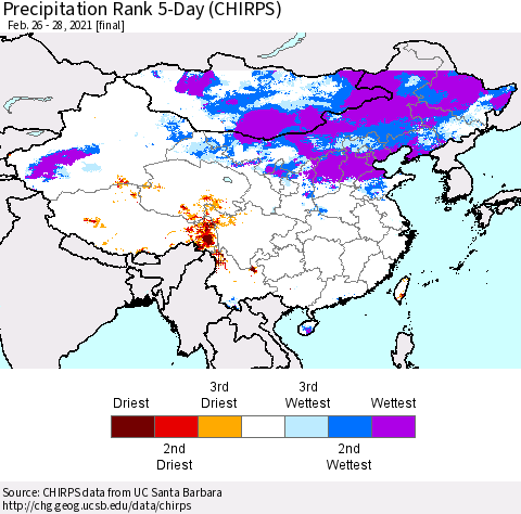 China, Mongolia and Taiwan Precipitation Rank since 1981, 5-Day (CHIRPS) Thematic Map For 2/26/2021 - 2/28/2021