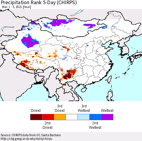China, Mongolia and Taiwan Precipitation Rank since 1981, 5-Day (CHIRPS) Thematic Map For 3/1/2021 - 3/5/2021
