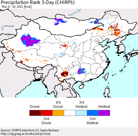China, Mongolia and Taiwan Precipitation Rank since 1981, 5-Day (CHIRPS) Thematic Map For 3/6/2021 - 3/10/2021