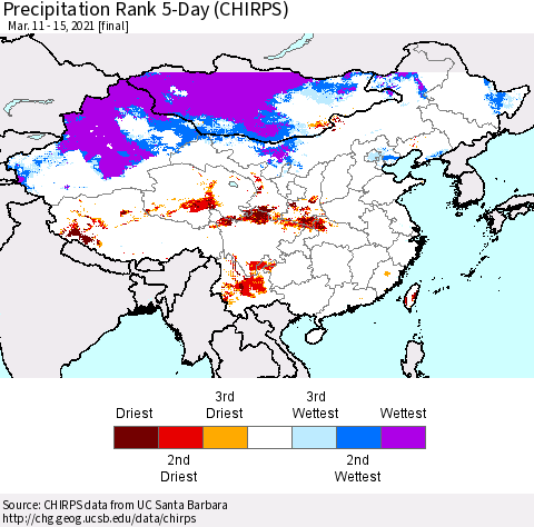 China, Mongolia and Taiwan Precipitation Rank since 1981, 5-Day (CHIRPS) Thematic Map For 3/11/2021 - 3/15/2021
