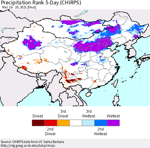 China, Mongolia and Taiwan Precipitation Rank since 1981, 5-Day (CHIRPS) Thematic Map For 3/16/2021 - 3/20/2021