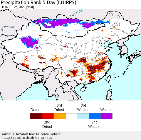 China, Mongolia and Taiwan Precipitation Rank since 1981, 5-Day (CHIRPS) Thematic Map For 3/21/2021 - 3/25/2021