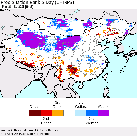 China, Mongolia and Taiwan Precipitation Rank since 1981, 5-Day (CHIRPS) Thematic Map For 3/26/2021 - 3/31/2021
