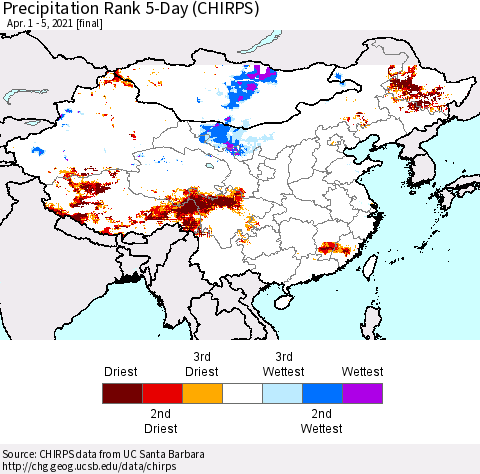China, Mongolia and Taiwan Precipitation Rank since 1981, 5-Day (CHIRPS) Thematic Map For 4/1/2021 - 4/5/2021