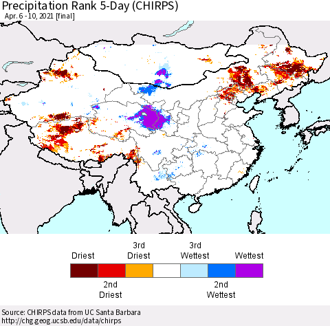China, Mongolia and Taiwan Precipitation Rank since 1981, 5-Day (CHIRPS) Thematic Map For 4/6/2021 - 4/10/2021