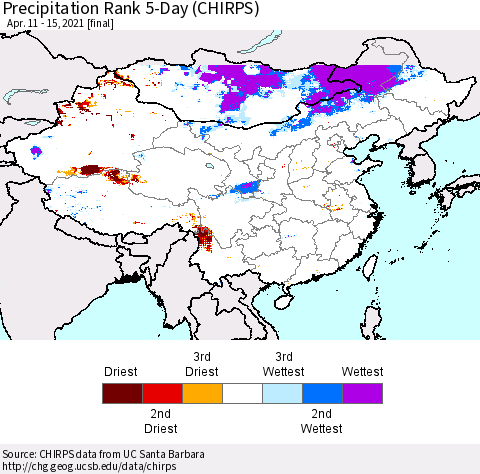 China, Mongolia and Taiwan Precipitation Rank since 1981, 5-Day (CHIRPS) Thematic Map For 4/11/2021 - 4/15/2021