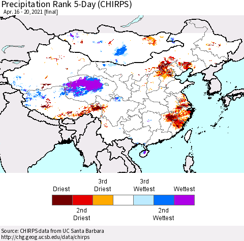 China, Mongolia and Taiwan Precipitation Rank since 1981, 5-Day (CHIRPS) Thematic Map For 4/16/2021 - 4/20/2021
