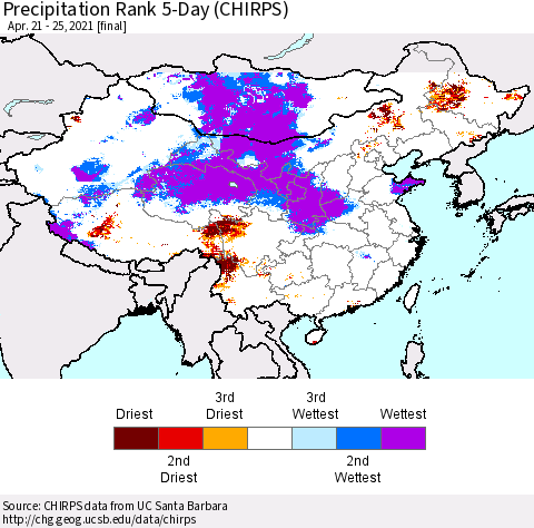 China, Mongolia and Taiwan Precipitation Rank since 1981, 5-Day (CHIRPS) Thematic Map For 4/21/2021 - 4/25/2021