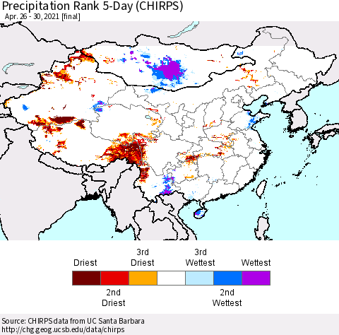 China, Mongolia and Taiwan Precipitation Rank since 1981, 5-Day (CHIRPS) Thematic Map For 4/26/2021 - 4/30/2021