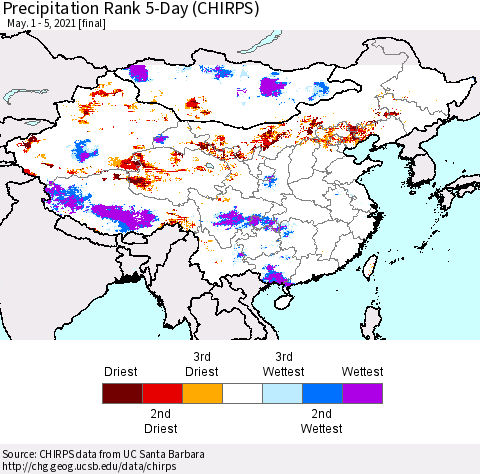 China, Mongolia and Taiwan Precipitation Rank since 1981, 5-Day (CHIRPS) Thematic Map For 5/1/2021 - 5/5/2021