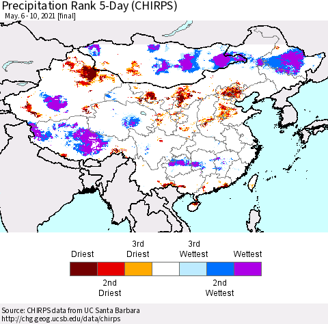 China, Mongolia and Taiwan Precipitation Rank since 1981, 5-Day (CHIRPS) Thematic Map For 5/6/2021 - 5/10/2021