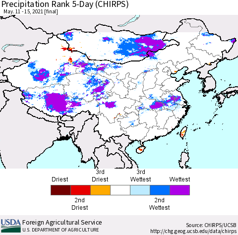 China, Mongolia and Taiwan Precipitation Rank since 1981, 5-Day (CHIRPS) Thematic Map For 5/11/2021 - 5/15/2021