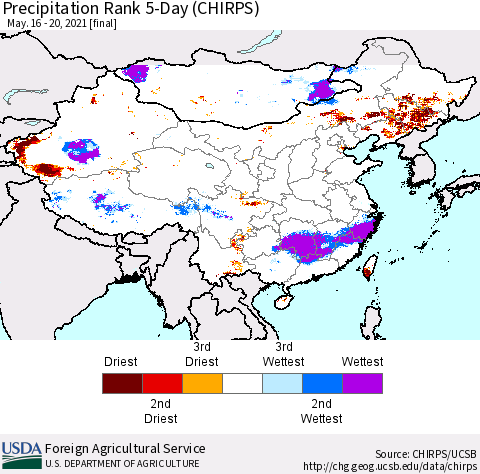China, Mongolia and Taiwan Precipitation Rank since 1981, 5-Day (CHIRPS) Thematic Map For 5/16/2021 - 5/20/2021