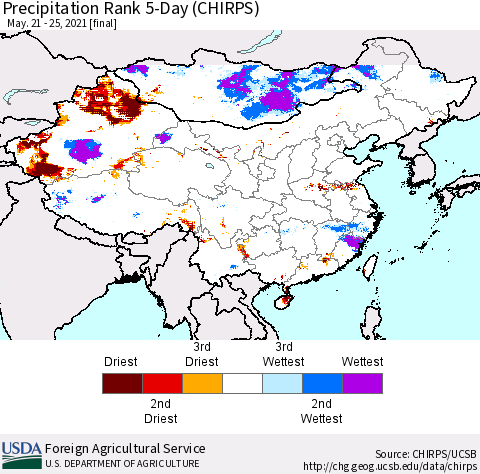 China, Mongolia and Taiwan Precipitation Rank since 1981, 5-Day (CHIRPS) Thematic Map For 5/21/2021 - 5/25/2021