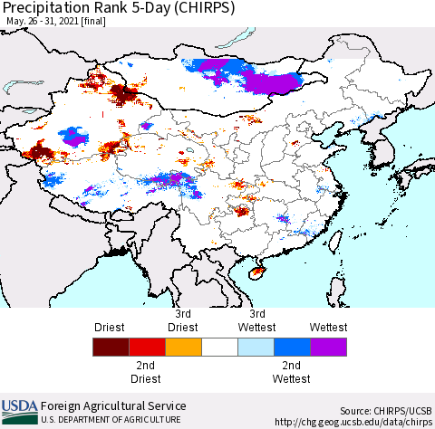 China, Mongolia and Taiwan Precipitation Rank since 1981, 5-Day (CHIRPS) Thematic Map For 5/26/2021 - 5/31/2021