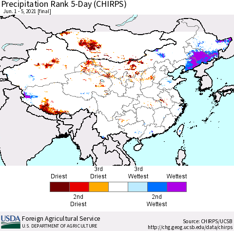 China, Mongolia and Taiwan Precipitation Rank since 1981, 5-Day (CHIRPS) Thematic Map For 6/1/2021 - 6/5/2021