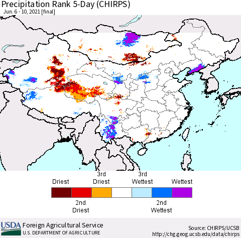 China, Mongolia and Taiwan Precipitation Rank since 1981, 5-Day (CHIRPS) Thematic Map For 6/6/2021 - 6/10/2021