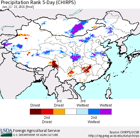China, Mongolia and Taiwan Precipitation Rank since 1981, 5-Day (CHIRPS) Thematic Map For 6/11/2021 - 6/15/2021