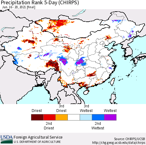 China, Mongolia and Taiwan Precipitation Rank since 1981, 5-Day (CHIRPS) Thematic Map For 6/16/2021 - 6/20/2021