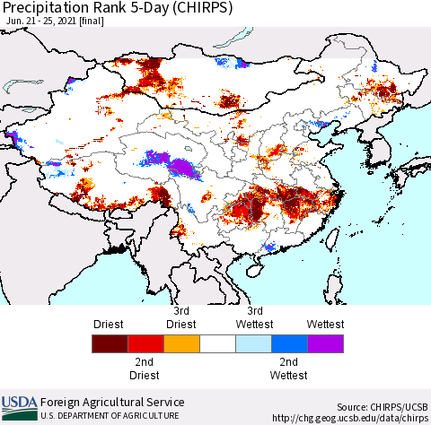 China, Mongolia and Taiwan Precipitation Rank since 1981, 5-Day (CHIRPS) Thematic Map For 6/21/2021 - 6/25/2021