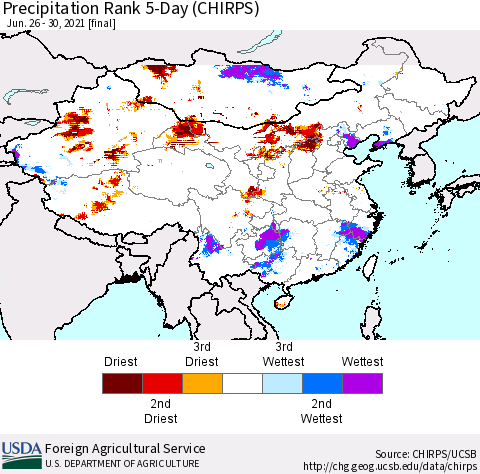 China, Mongolia and Taiwan Precipitation Rank since 1981, 5-Day (CHIRPS) Thematic Map For 6/26/2021 - 6/30/2021