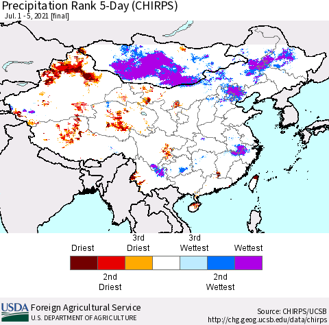 China, Mongolia and Taiwan Precipitation Rank since 1981, 5-Day (CHIRPS) Thematic Map For 7/1/2021 - 7/5/2021