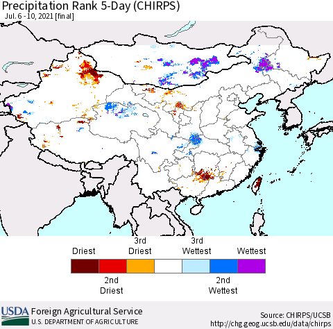 China, Mongolia and Taiwan Precipitation Rank since 1981, 5-Day (CHIRPS) Thematic Map For 7/6/2021 - 7/10/2021