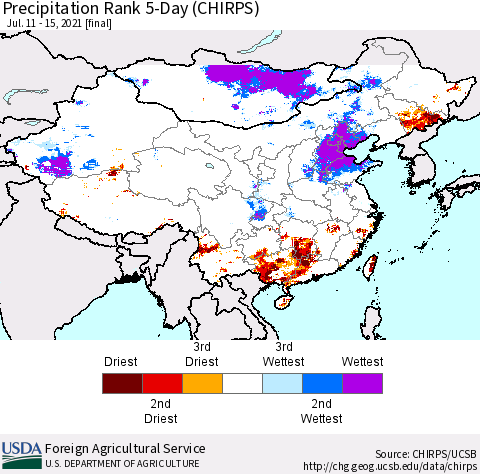 China, Mongolia and Taiwan Precipitation Rank since 1981, 5-Day (CHIRPS) Thematic Map For 7/11/2021 - 7/15/2021
