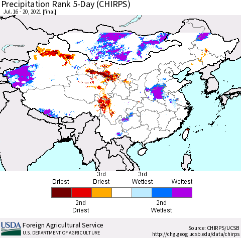 China, Mongolia and Taiwan Precipitation Rank since 1981, 5-Day (CHIRPS) Thematic Map For 7/16/2021 - 7/20/2021