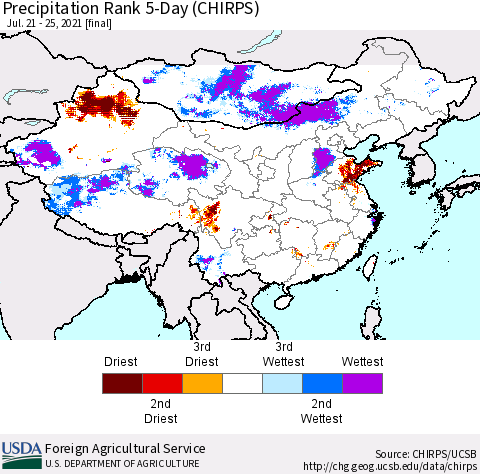 China, Mongolia and Taiwan Precipitation Rank since 1981, 5-Day (CHIRPS) Thematic Map For 7/21/2021 - 7/25/2021