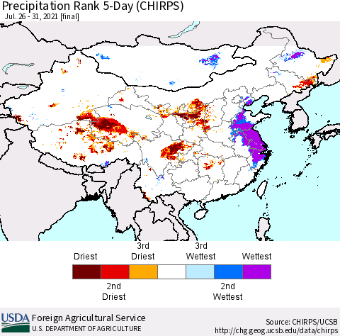China, Mongolia and Taiwan Precipitation Rank since 1981, 5-Day (CHIRPS) Thematic Map For 7/26/2021 - 7/31/2021