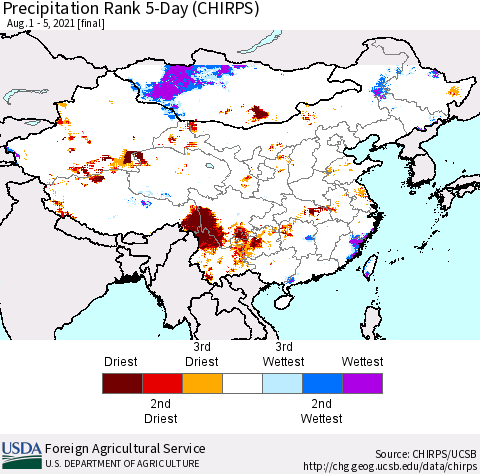 China, Mongolia and Taiwan Precipitation Rank since 1981, 5-Day (CHIRPS) Thematic Map For 8/1/2021 - 8/5/2021