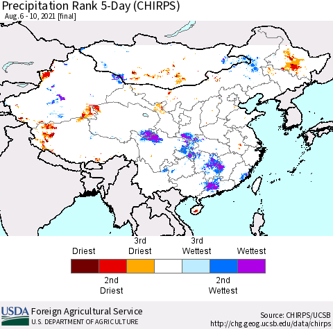 China, Mongolia and Taiwan Precipitation Rank since 1981, 5-Day (CHIRPS) Thematic Map For 8/6/2021 - 8/10/2021